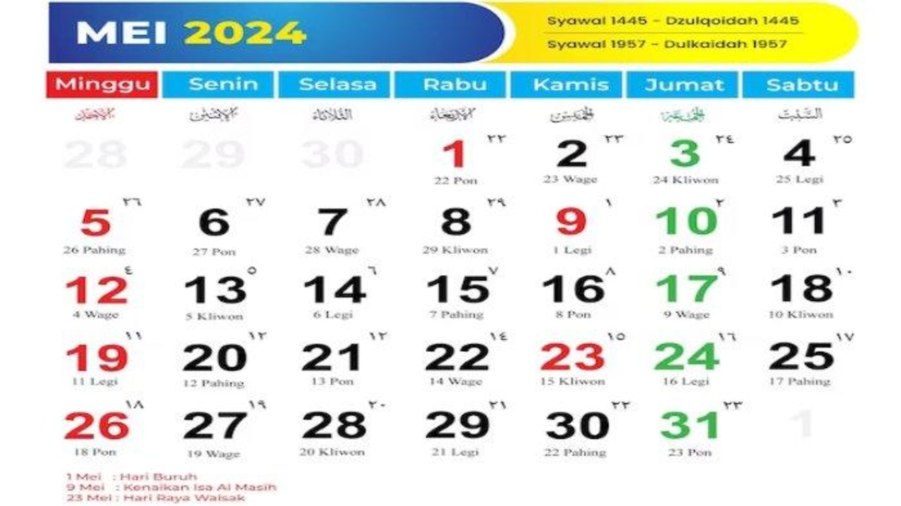 Catat Hari Penting dan Libur Bulan Mei 2024, Banyak Tanggal Merahnya!
