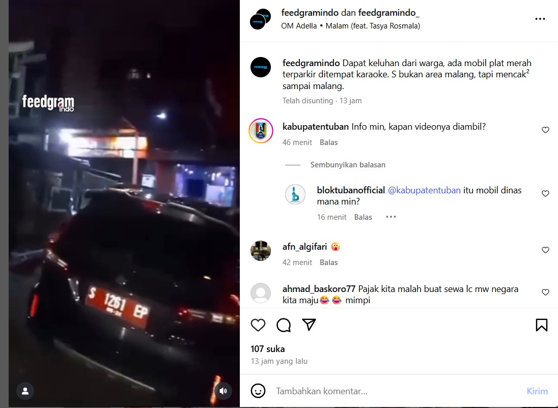 Mobil Dinas Diduga Milik OPD Tuban Ketahuan di Karaoke Malang, Warganet: Pajak Kita Buat Hiburan?